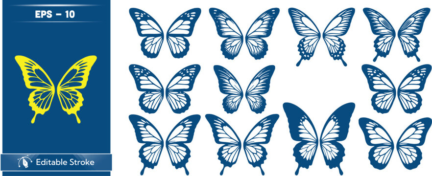Butterfly stickers or decals in blue and yellow on white background