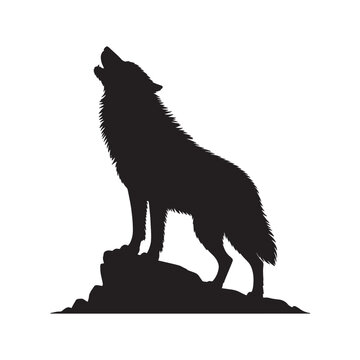 Silhouette of a wolf howling on a rock formation with black and white, mountain