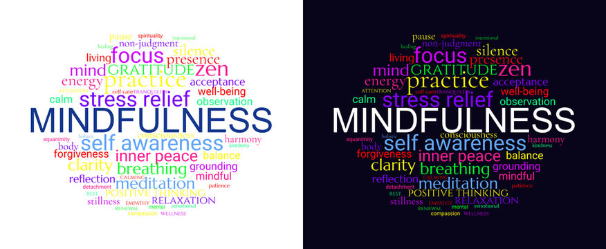 MINDFULNESS in word cloud with key terms and tags, colorful infographic, transparent and dark backgrounds