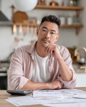 Thoughtful man with glasses reviewing financial documents at kitchen table