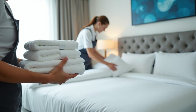 Hotel staff with stack of clean white towels prepares guest room bed. Housekeeper arranges pillows for comfortable stay. Impeccable room service ensures guest satisfaction during hotel visit.