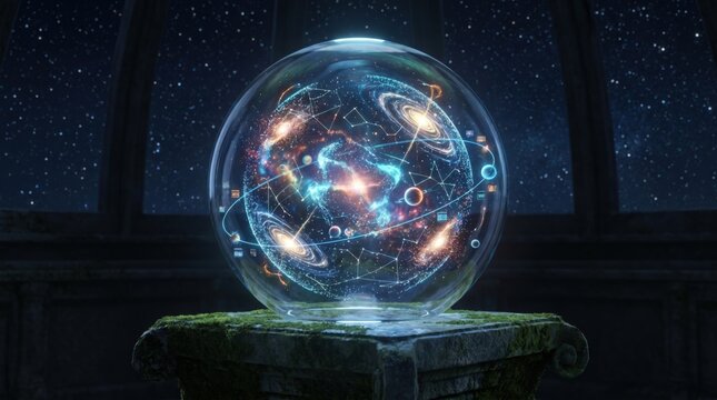 Glowing crystal ball on a mossy pedestal displays vibrant galaxies and stars against a starry night.