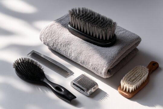 Pet grooming brushes, comb, slicker brush and towel flat lay on white surface