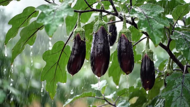 Rain falling on ripe eggplants hanging from a plant branch.