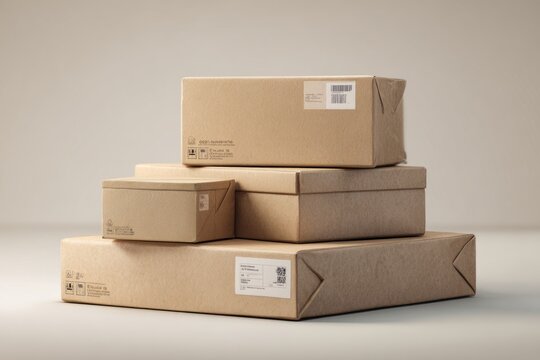 Stack of recyclable cardboard shipping boxes on neutral background