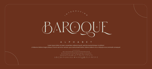 BAROQUE Luxury wedding alphabet letters font with tails. Typography elegant classic serif fonts and number decorative vintage retro concept for logo branding. vector illustration © Font_Hub