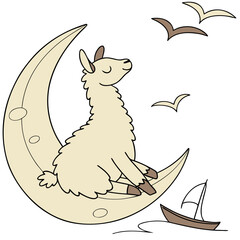 Fototapeta premium Creative SVG: Peaceful Alpaca with sitting on a moon in a Ocean Breeze colored Beach day theme