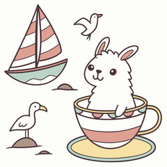 Fototapeta premium Vector illustration of a Dreamy Alpaca with in a teacup, styled in a Beach day theme using Ocean Breeze colors
