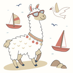 Fototapeta premium Silly expression on a Alpaca in a Beach day theme, with wearing glasses – Ocean Breeze vector art