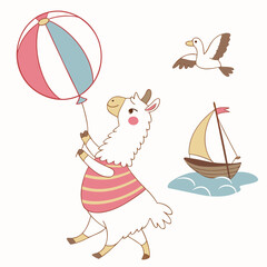 Fototapeta premium Funny expression on a Alpaca in a Beach day theme, with with a balloon – Ocean Breeze vector art