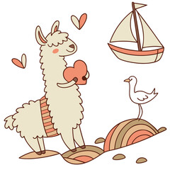 Fototapeta premium A Relaxed Alpaca with holding a heart in a Beach day theme – Ocean Breeze palette SVG illustration