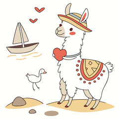 Fototapeta premium Vector illustration of a Funny Alpaca with holding a heart, styled in a Beach day theme using Ocean Breeze colors