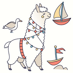 Fototapeta premium Delightful Grumpy Alpaca in a Beach day scene with wrapped in fairy lights – Ocean Breeze vector illustration