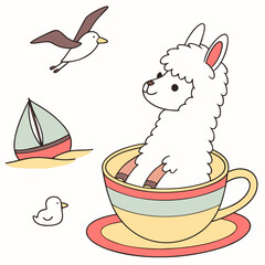 Fototapeta premium SVG art: A Happy Alpaca in a Beach day vibe with in a teacup, tinted with Ocean Breeze tones
