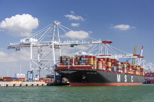 Le Havre, France - August 22nd 2019 : View on the container Ships MSC NEW YORK alongside at port of Le Havre in the Port 2000 terminal with ship to shore container cranes.