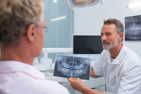 Dentist reviewing dental X-ray with patient in modern clinic, discussing oral health and treatment plan, representing healthcare consultation, professional care, and preventive dentistry.