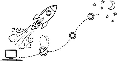 Obraz premium hand drawn startup growth rocket illustration with business launch trajectory digital progress and success journey sketch elements in minimal line style
