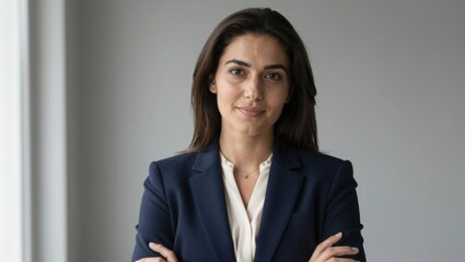 Fototapeta premium Businesswoman standing with arms crossed in office interior