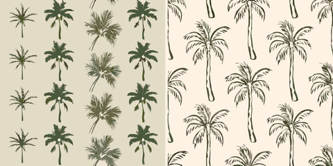 Hand drawn palm trees pattern with tropical foliage on beige background © Roni