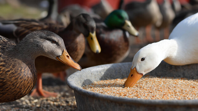 Ducks and a white goose gathering around a trough to eat birdseed on a sunny day for a farm and animal feeding concept. Defocused background. Ducks goose trough, birdseed sunny,