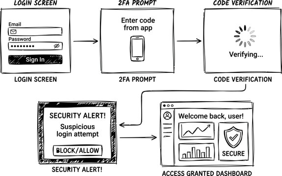 hand drawn two factor authentication workflow wireframe with login verification security alerts and secure dashboard access ui sketch in minimal line style