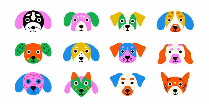 stylized dog faces collection colorful vector illustration on white background