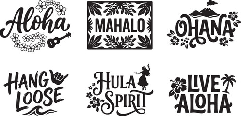 Hawaiian phrases and symbols are illustrated in a stylized graphic design © Crushin