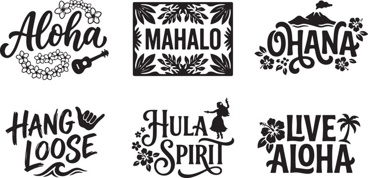 Hawaiian phrases and symbols are illustrated in a stylized graphic design
