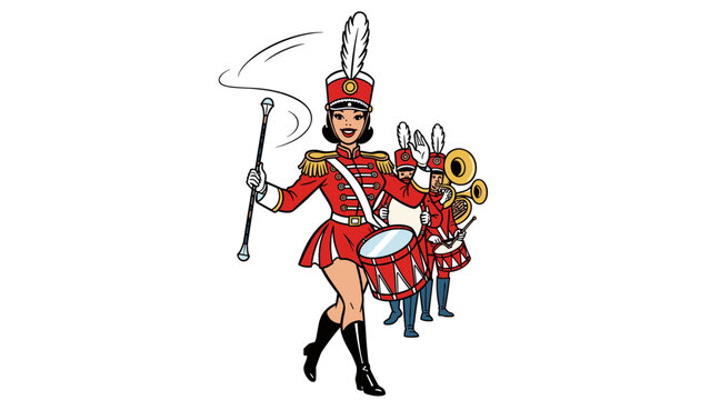 Majorette in red uniform marching with baton and drum