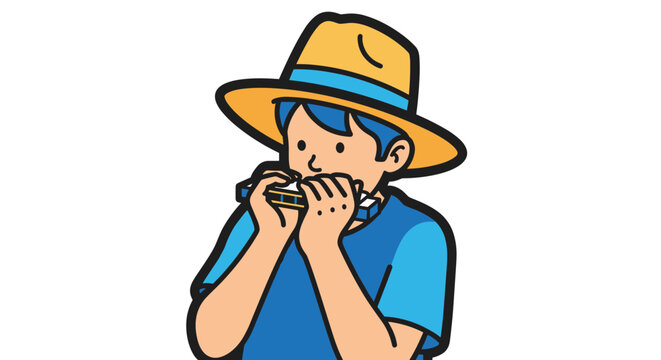 Cartoon boy playing a harmonica with a hat
