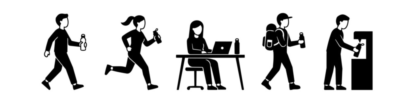 Set of minimalist black icons showing people with reusable water bottles in daily activities: walking, running, working at a desk, hiking, and refilling. Promoting hydration and sustainability.