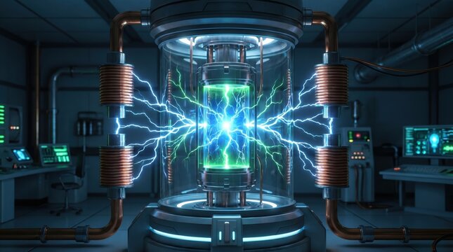 A large cylindrical Tesla coil device emits bright blue and green glowing lightning bolts in a dark.