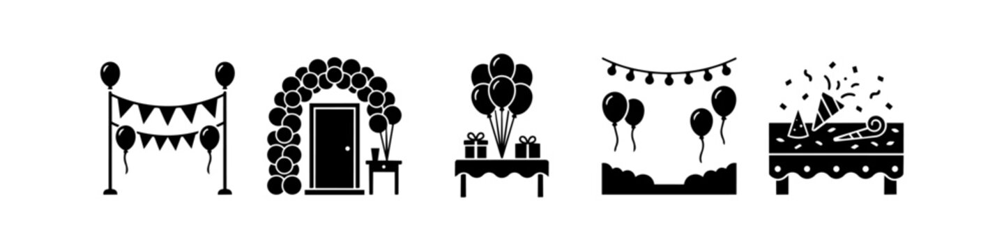 Set of flat black vector icons depicting various party and event decorations including balloon arches, bunting, gift tables, and party favors. Ideal for celebration planning graphics.