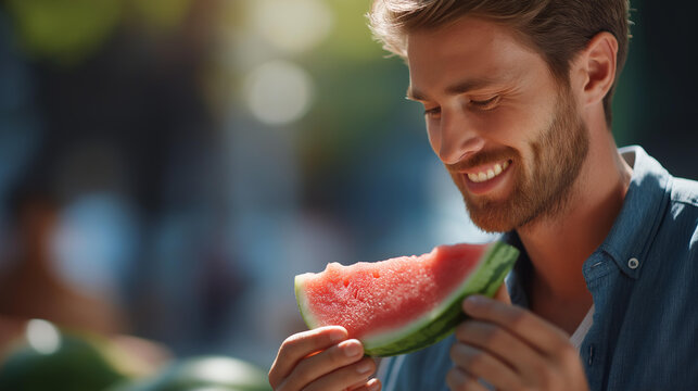 Faceless man happily eating a juicy slice of watermelon outdoors on a sunny day for a refreshing summer and healthy eating concept. Defocused outdoor background. Man watermelon