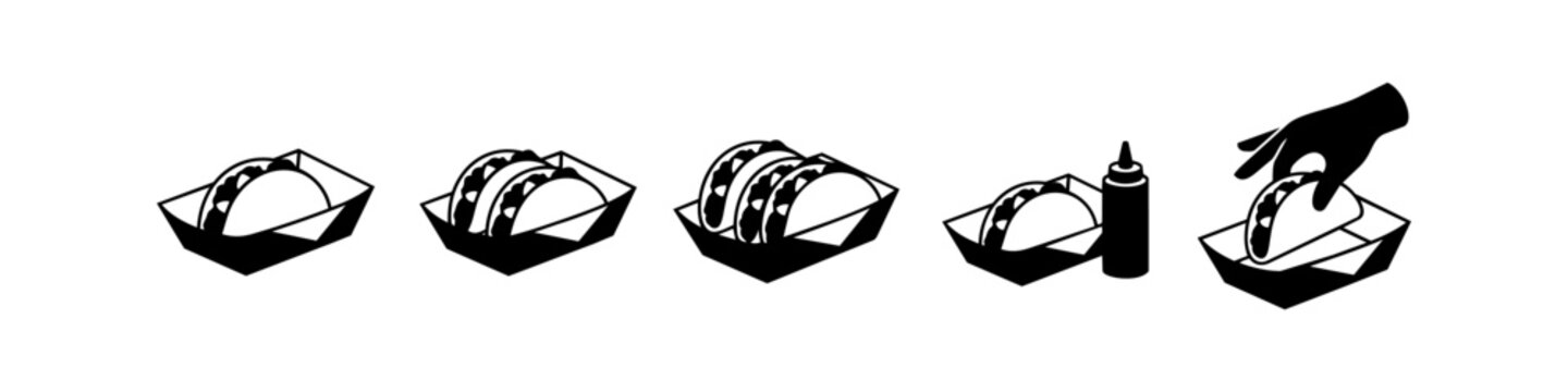 Black and white vector icon set of tacos in cardboard takeaway trays, including a squeeze bottle and a hand reaching for a taco. Ideal for Mexican restaurant menus and food delivery apps.