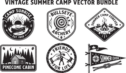 Obraz premium Vintage summer camp vector bundle with various icons and illustrations