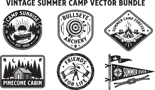 Vintage summer camp vector bundle with various icons and illustrations