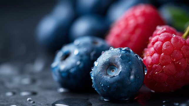 Close-up of fresh blueberries and raspberries with water droplets for a food packaging, healthy eating, and Polyphenol Day design concept. Blueberries raspberries droplets,