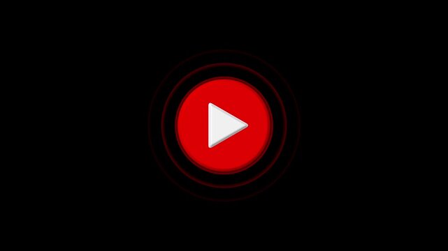 Red play button with pulsing circular waves animation on black background, for digital media interface