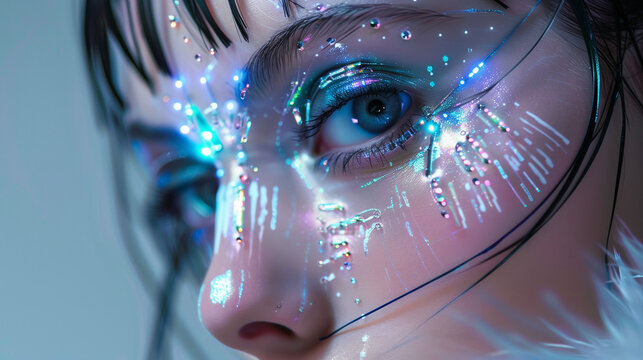 Close-up portrait of a futuristic woman with glowing circuits on her face and long eyelashes looking sideways with a floral-inspired makeup design on her cheekbones
