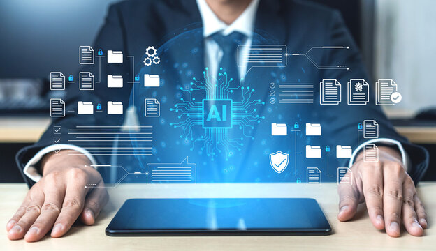 A business professional interacts with a tablet showcasing AI icons and digital documents, representing a modern approach to technology and innovation in the office. Cyphers