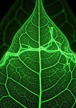 Abstract macro view of glowing green veins forming a complex network of organic light, resembling a magical leaf or energy root system, intricate, structure, web
