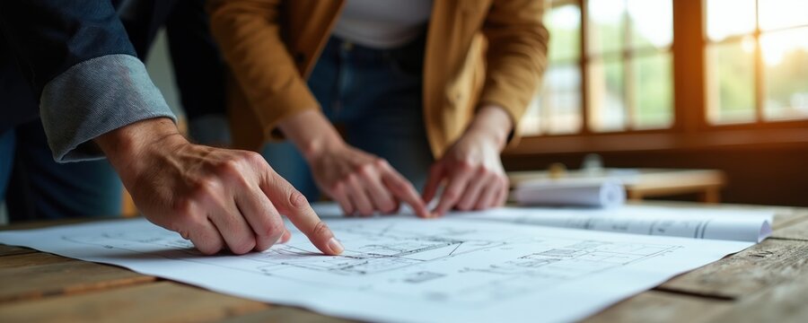 Two people hands point at architectural plans on a wooden desk. Workers discuss construction drawings together. Teamwork in an office setting planning a new building or home.