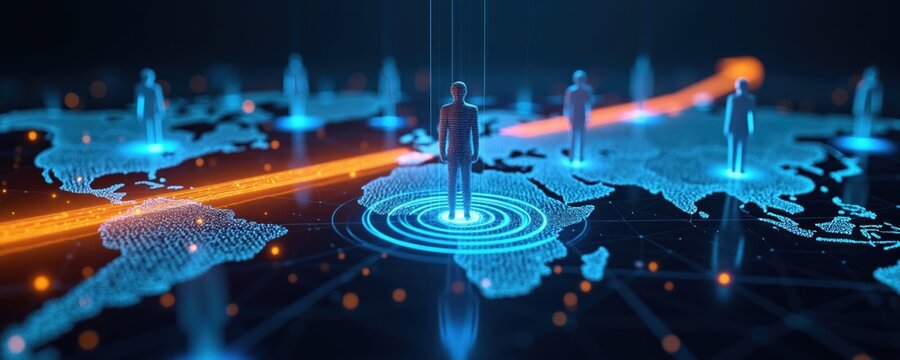 Global network connects people across digital world map. Figures stand on glowing continents linked by light paths. Futuristic technology enables worldwide data flow and communication.
