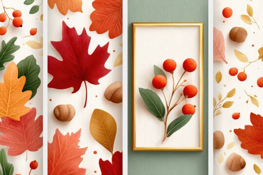 Autumn leaf and berry quadriptych with acorns, warm seasonal pattern and framed botanical art