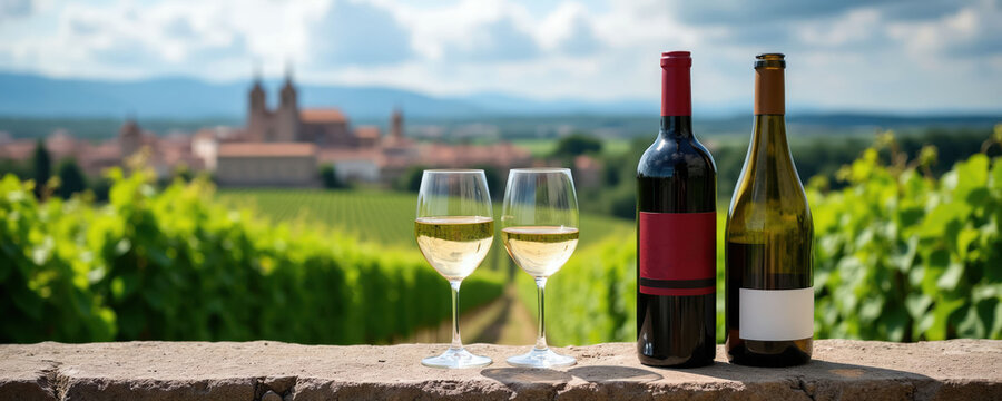 Two glasses of white wine and two bottles stand on stone wall before vineyard. Winery building in distance under cloudy sky. Countryside landscape background.