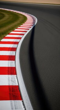 Detailed perspective of vibrant red and white striped curbing along the edge of a professional asphalt motor circuit corner in sunshine, background, motorsport, close-up