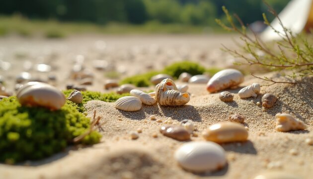 Sandy beach ground with shells small plants and pebbles. Macro view of natural texture with golden grains and green moss. Coastal landscape background shows marine life.
