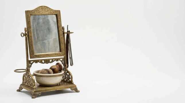 Antique vanity mirror with ornate golden frame and bowl of toiletries