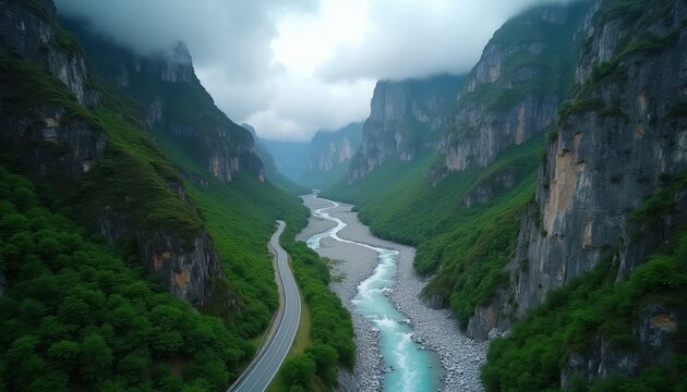 Aerial view of a winding river flowing through a deep, lush green mountain canyon. A road runs alongside the water, with steep, rocky cliffs rising on either side under a cloudy sky.